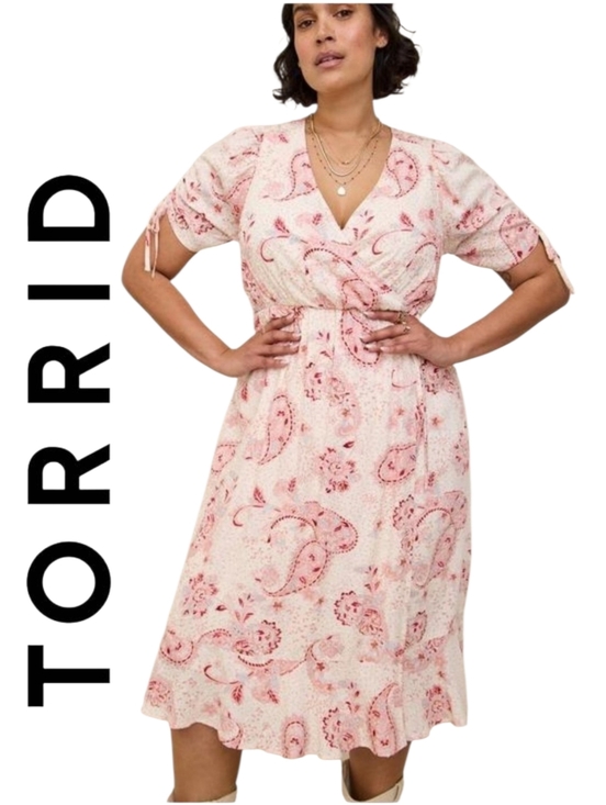 torrid Dresses & Skirts - Torrid Midi Swiss Dot Surplice Paisley Wrap Dress Pink Cream Short Sleeve Lined